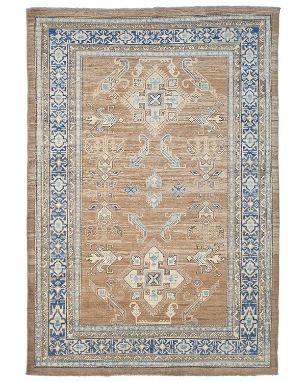 6x9 Ft Kazak Brown Blue Afghan Hand Knotted Geometric Wool Area Rug